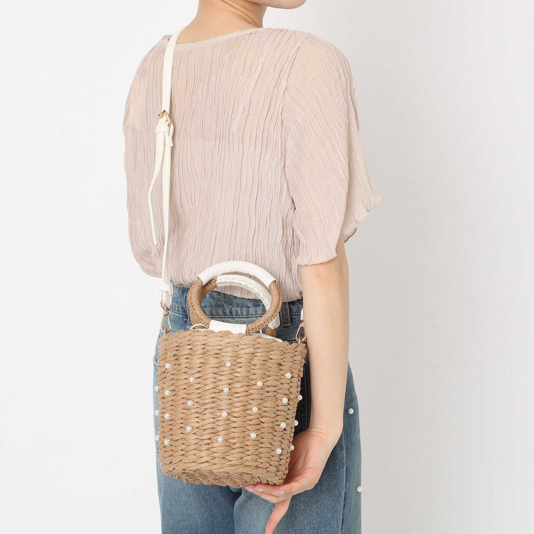 Ober Tashe「雑材2WAYパール調付バケツショルダー」|ハンドバッグ|