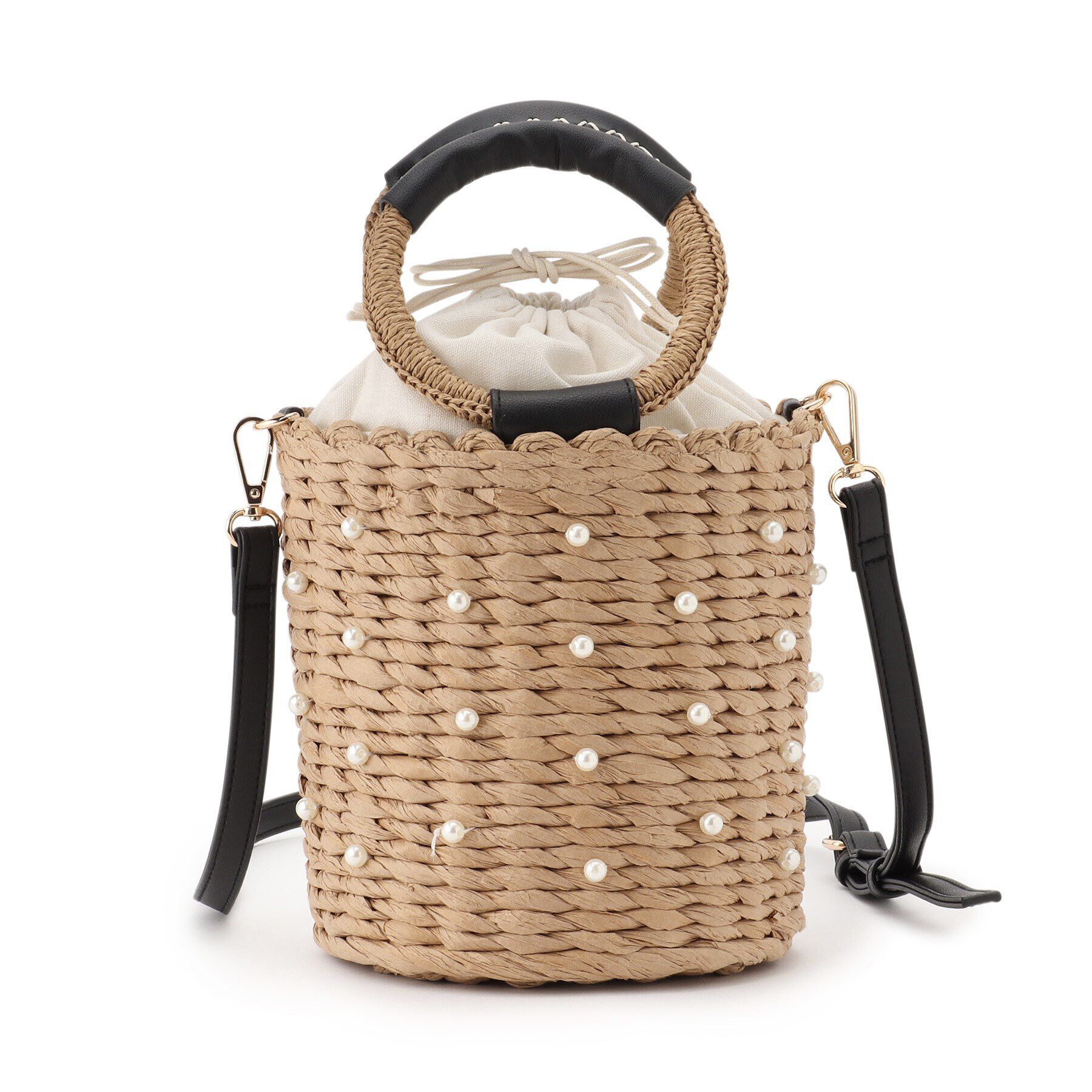 Ober Tashe「雑材2WAYパール調付バケツショルダー」|ハンドバッグ|ﾌﾞﾗｯｸ(019)