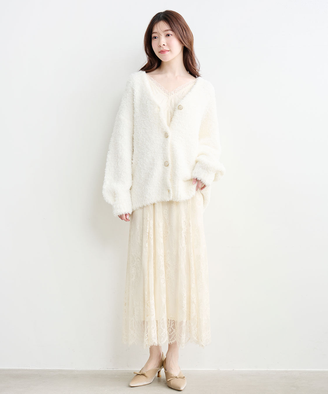 COCO DEAL「ニットカーデ&times;レースキャミワンピース」|ワンピース|アイボリー