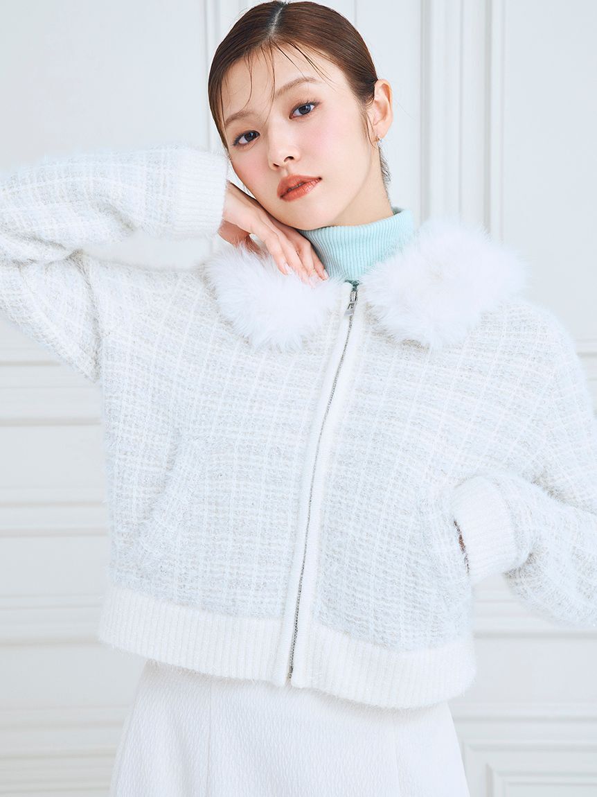 CELFORD「ファー衿付きツイードニットブルゾン」|ノーカラージャケット|IVR