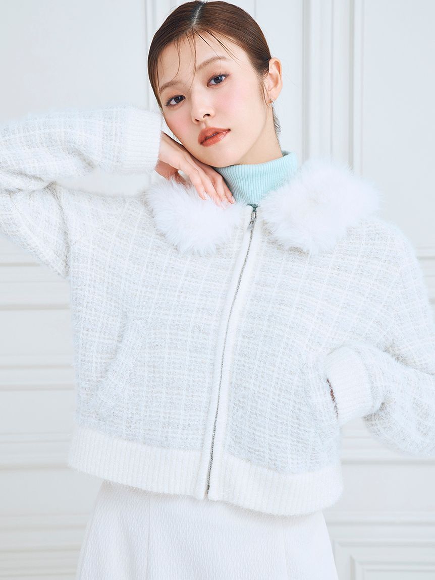 CELFORD「ファー衿付きツイードニットブルゾン」|ノーカラージャケット|