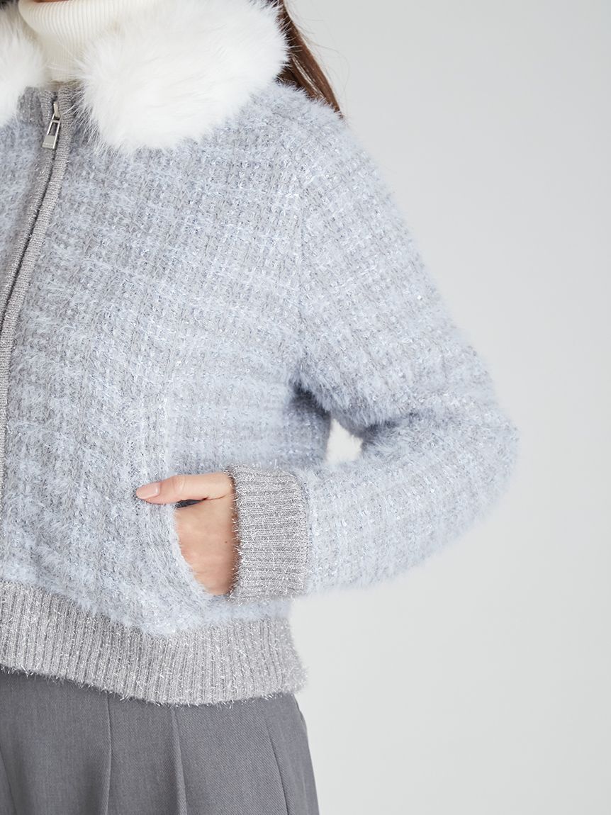 CELFORD「ファー衿付きツイードニットブルゾン」|ノーカラージャケット|