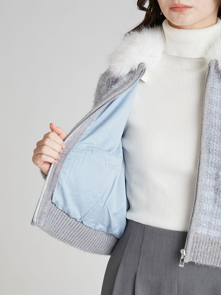 CELFORD「ファー衿付きツイードニットブルゾン」|ノーカラージャケット|