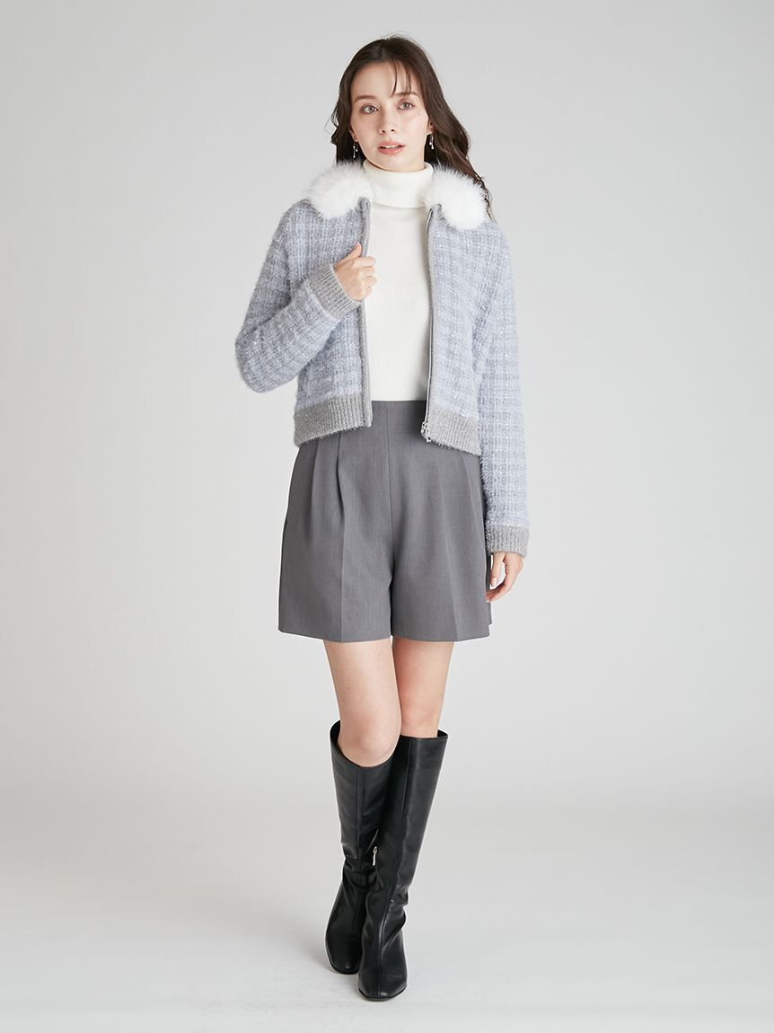 CELFORD「ファー衿付きツイードニットブルゾン」|ノーカラージャケット|
