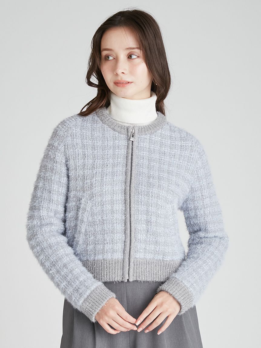 CELFORD「ファー衿付きツイードニットブルゾン」|ノーカラージャケット|