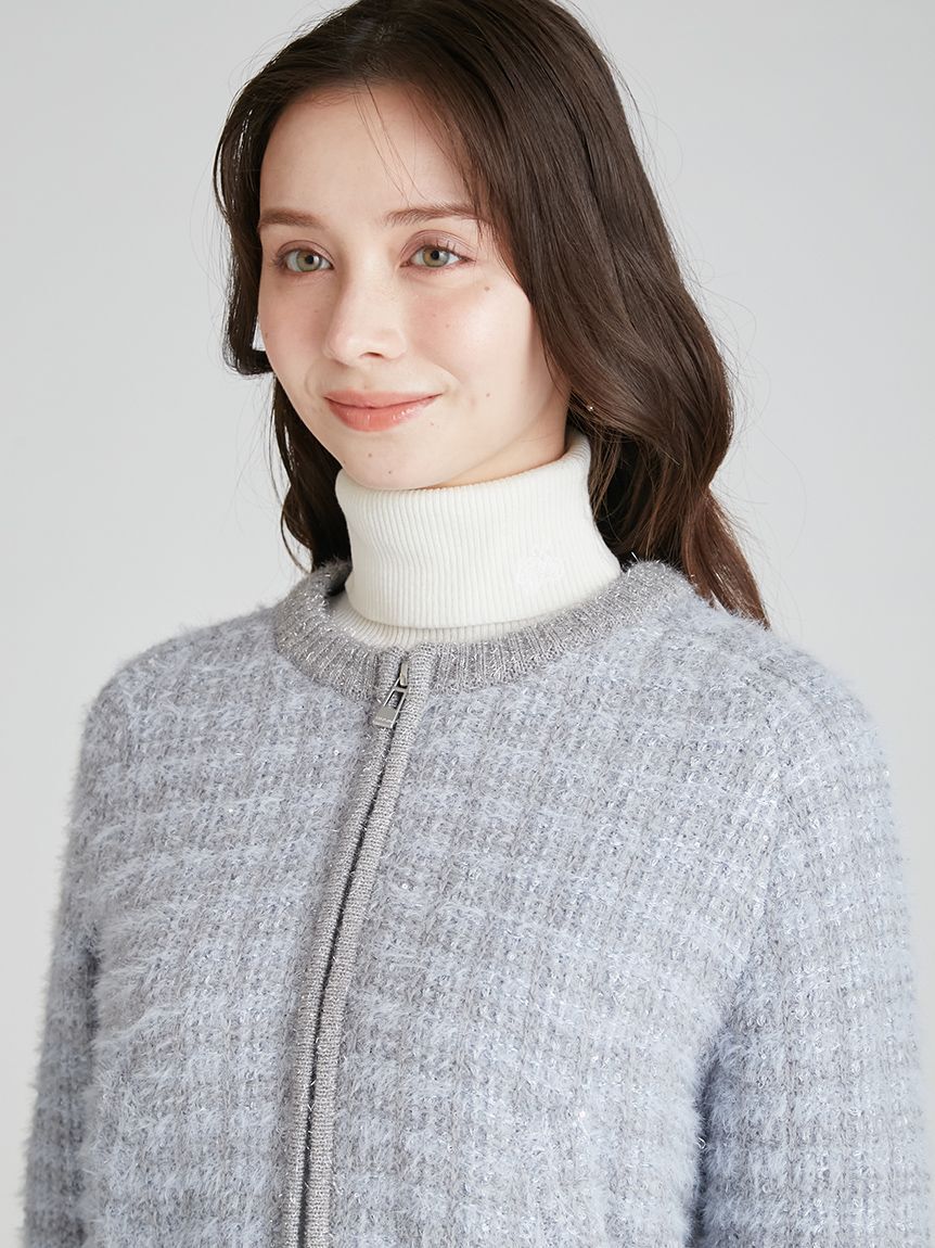 CELFORD「ファー衿付きツイードニットブルゾン」|ノーカラージャケット|