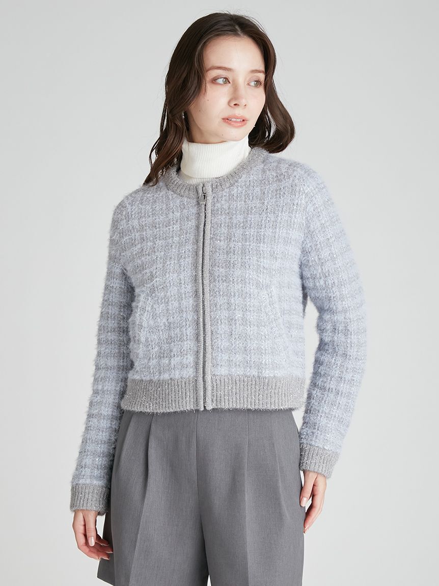 CELFORD「ファー衿付きツイードニットブルゾン」|ノーカラージャケット|