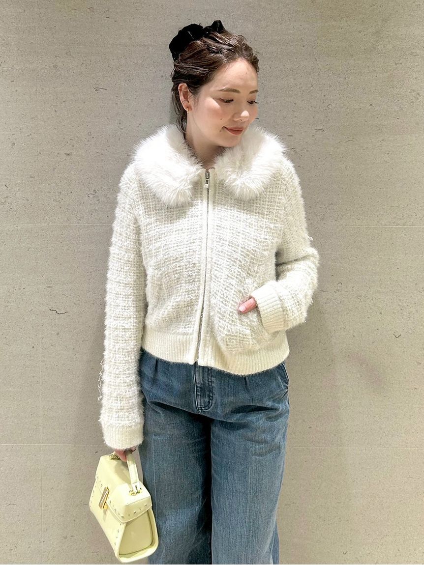 CELFORD「ファー衿付きツイードニットブルゾン」|ノーカラージャケット|