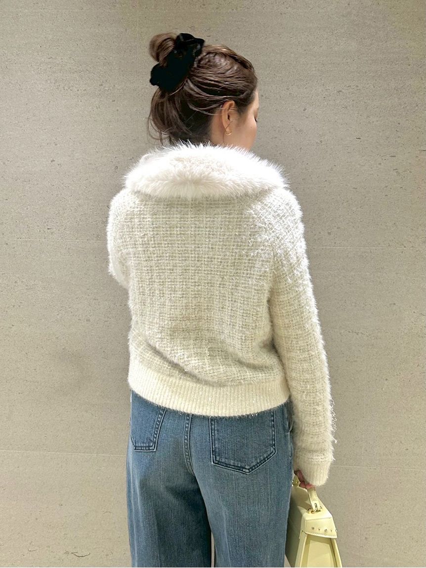 CELFORD「ファー衿付きツイードニットブルゾン」|ノーカラージャケット|