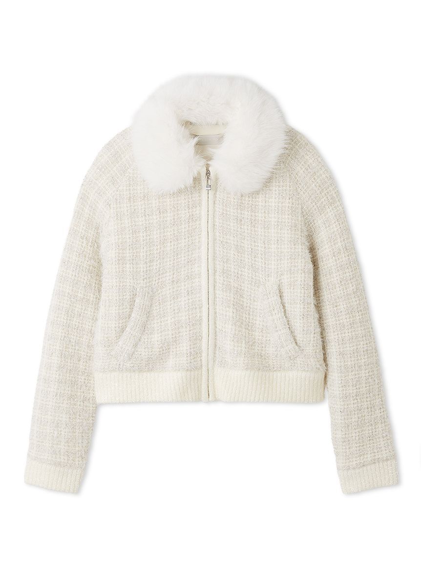 CELFORD「ファー衿付きツイードニットブルゾン」|ノーカラージャケット|