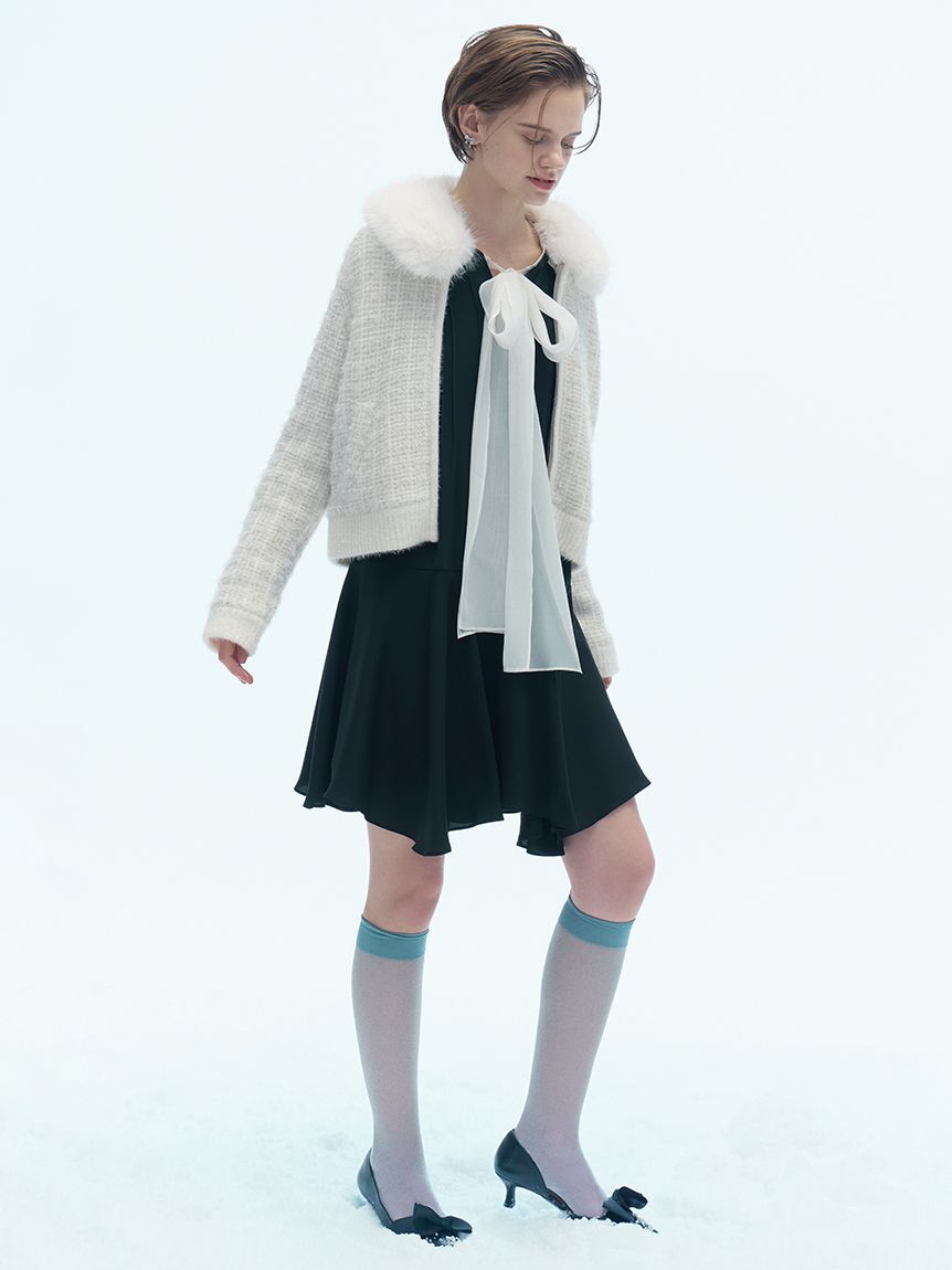 CELFORD「ファー衿付きツイードニットブルゾン」|ノーカラージャケット|