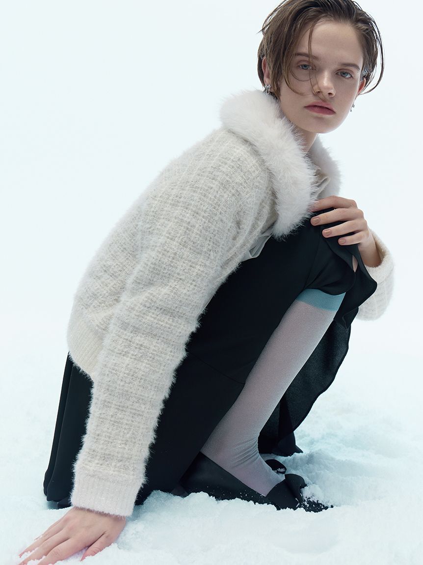 CELFORD「ファー衿付きツイードニットブルゾン」|ノーカラージャケット|