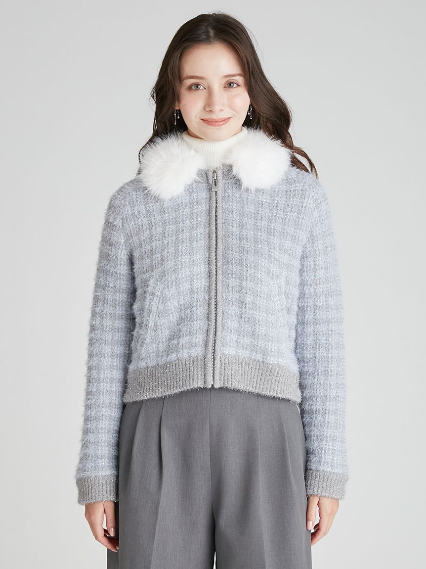 CELFORD「ファー衿付きツイードニットブルゾン」|ノーカラージャケット|