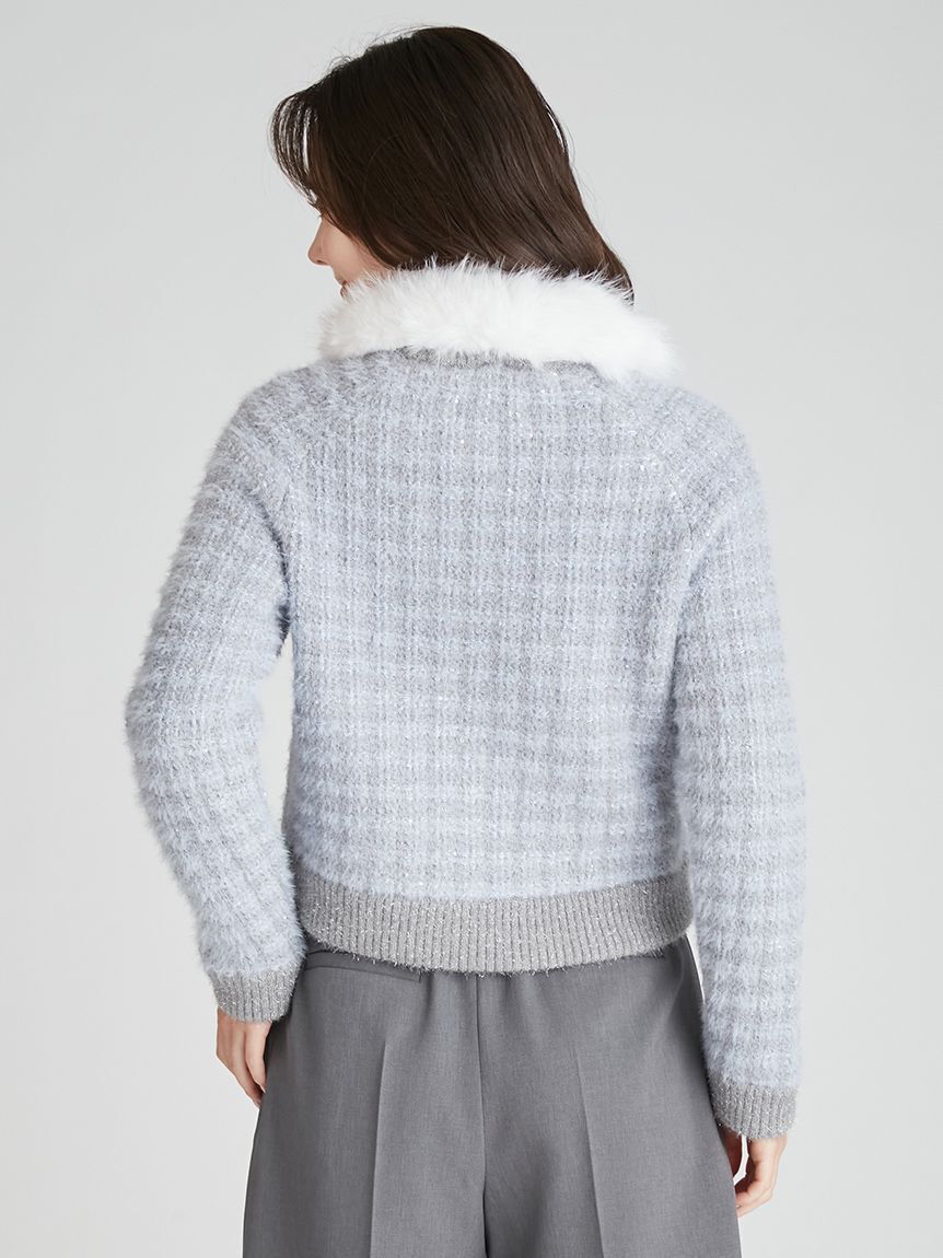 CELFORD「ファー衿付きツイードニットブルゾン」|ノーカラージャケット|