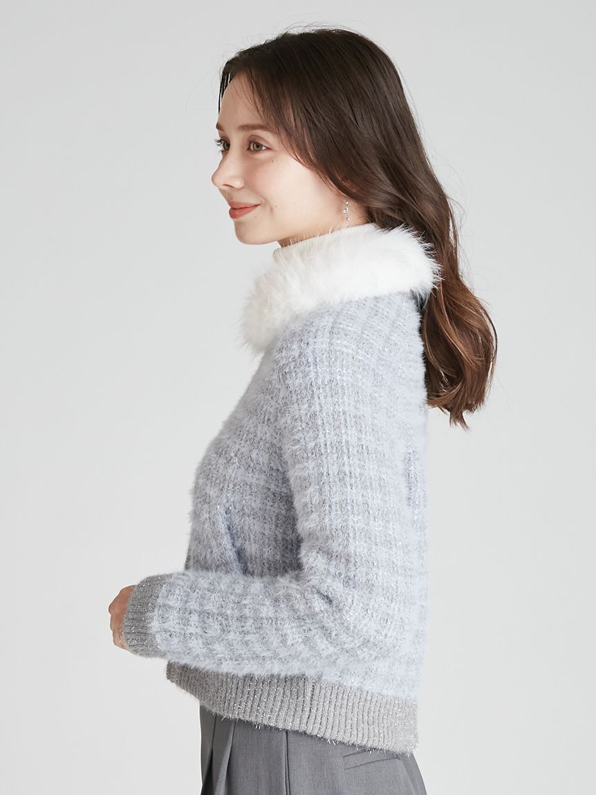 CELFORD「ファー衿付きツイードニットブルゾン」|ノーカラージャケット|