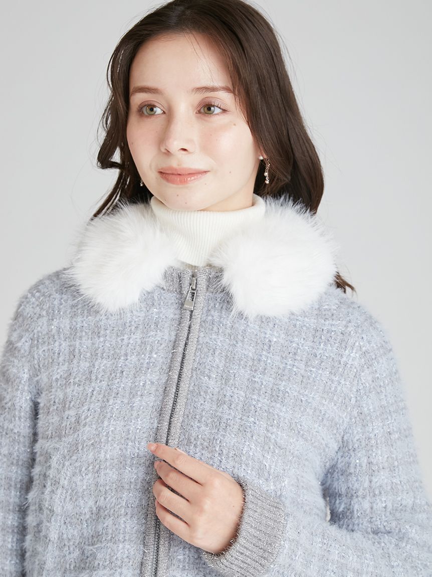 CELFORD「ファー衿付きツイードニットブルゾン」|ノーカラージャケット|