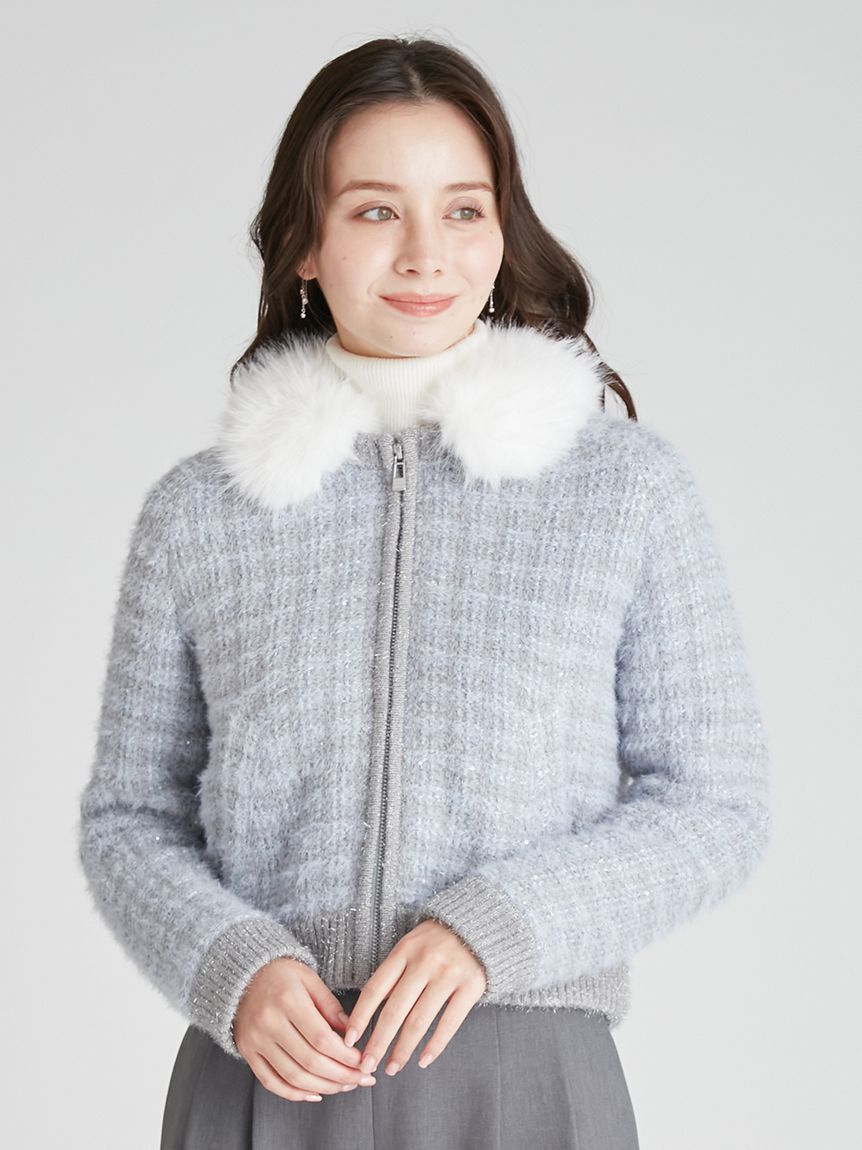 CELFORD「ファー衿付きツイードニットブルゾン」|ノーカラージャケット|SAX