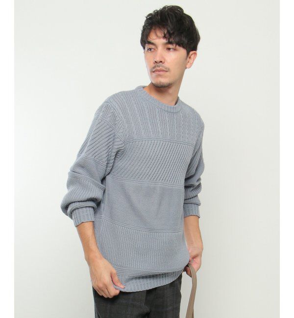 ikka「【洗濯機で洗える】ミックスジャガードニット」|プルオーバー|ブルー