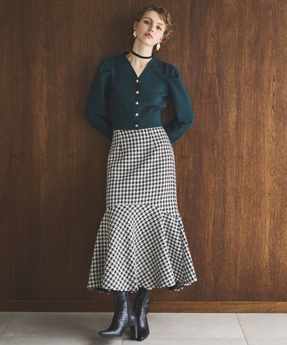 アンドクチュール「ファンシー千鳥切替スカート」|フレア|白系チェック