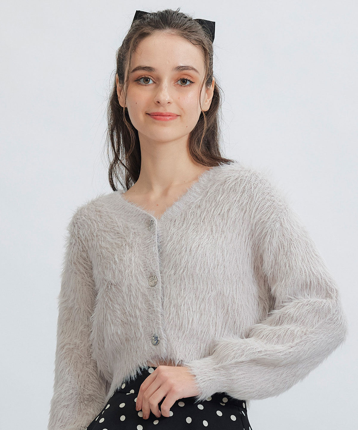 REDYAZEL「コンパクトシャギーニットカーディガン」|カーディガン|ライトグレー