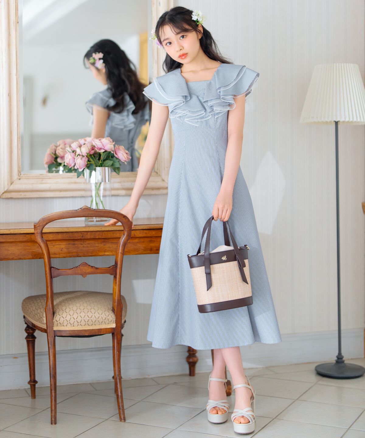 WILLSELECTION「チュールレイヤードフリルストライプワンピース」|ワンピース|紺系チェック