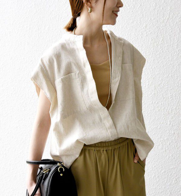 SHIPS any「SHIPS any:〈洗濯機可能〉リネン コットン バンドカラー フレンチスリーブ ポケット シャツ」|シャツ・ブラウス|