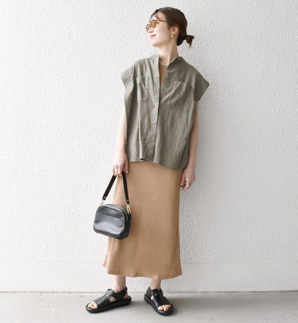 SHIPS any「SHIPS any:〈洗濯機可能〉リネン コットン バンドカラー フレンチスリーブ ポケット シャツ」|シャツ・ブラウス|