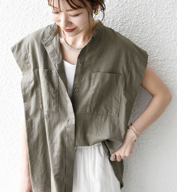 SHIPS any「SHIPS any:〈洗濯機可能〉リネン コットン バンドカラー フレンチスリーブ ポケット シャツ」|シャツ・ブラウス|