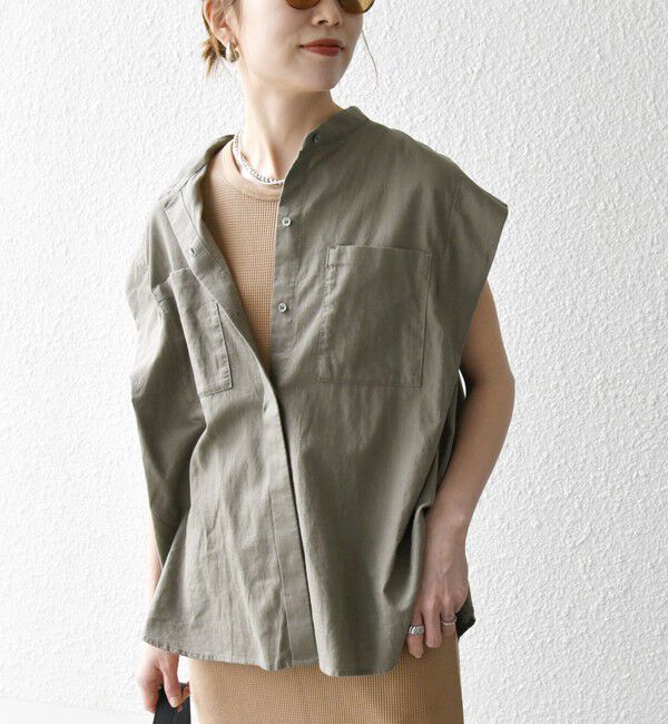 SHIPS any「SHIPS any:〈洗濯機可能〉リネン コットン バンドカラー フレンチスリーブ ポケット シャツ」|シャツ・ブラウス|