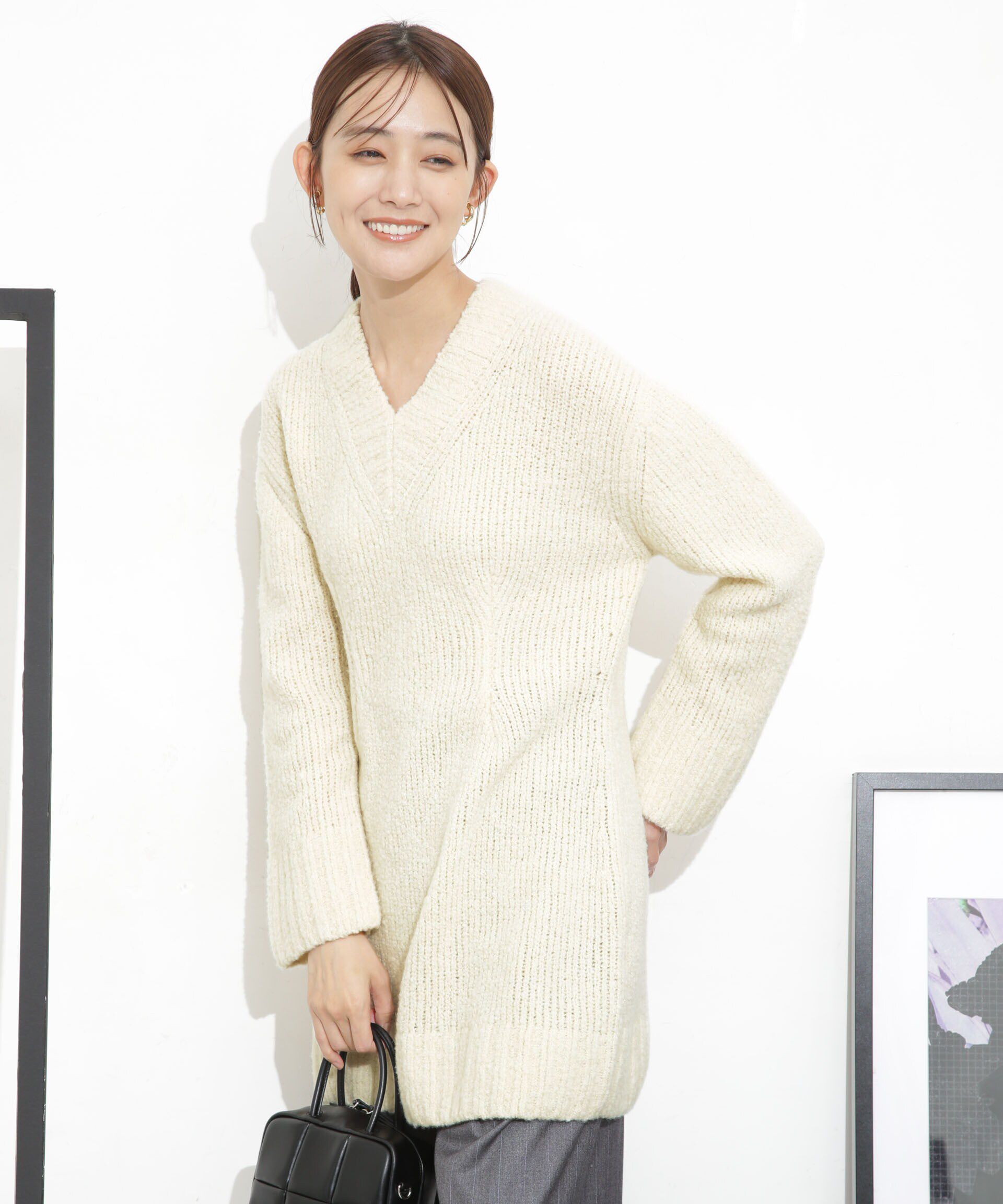 nano･universe「Vネックラメミックスロングニット」|ニット・セーター|