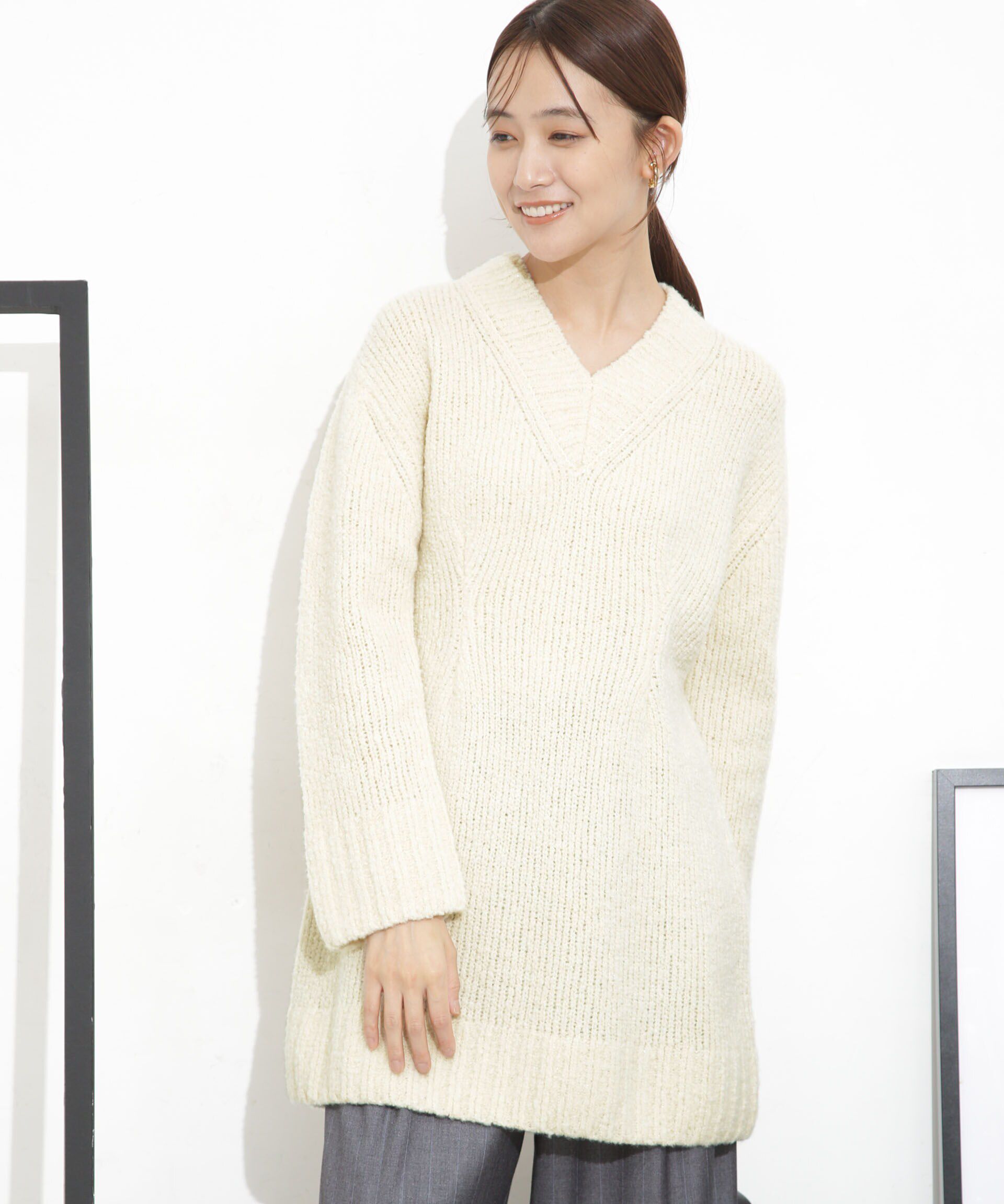 nano･universe「Vネックラメミックスロングニット」|ニット・セーター|