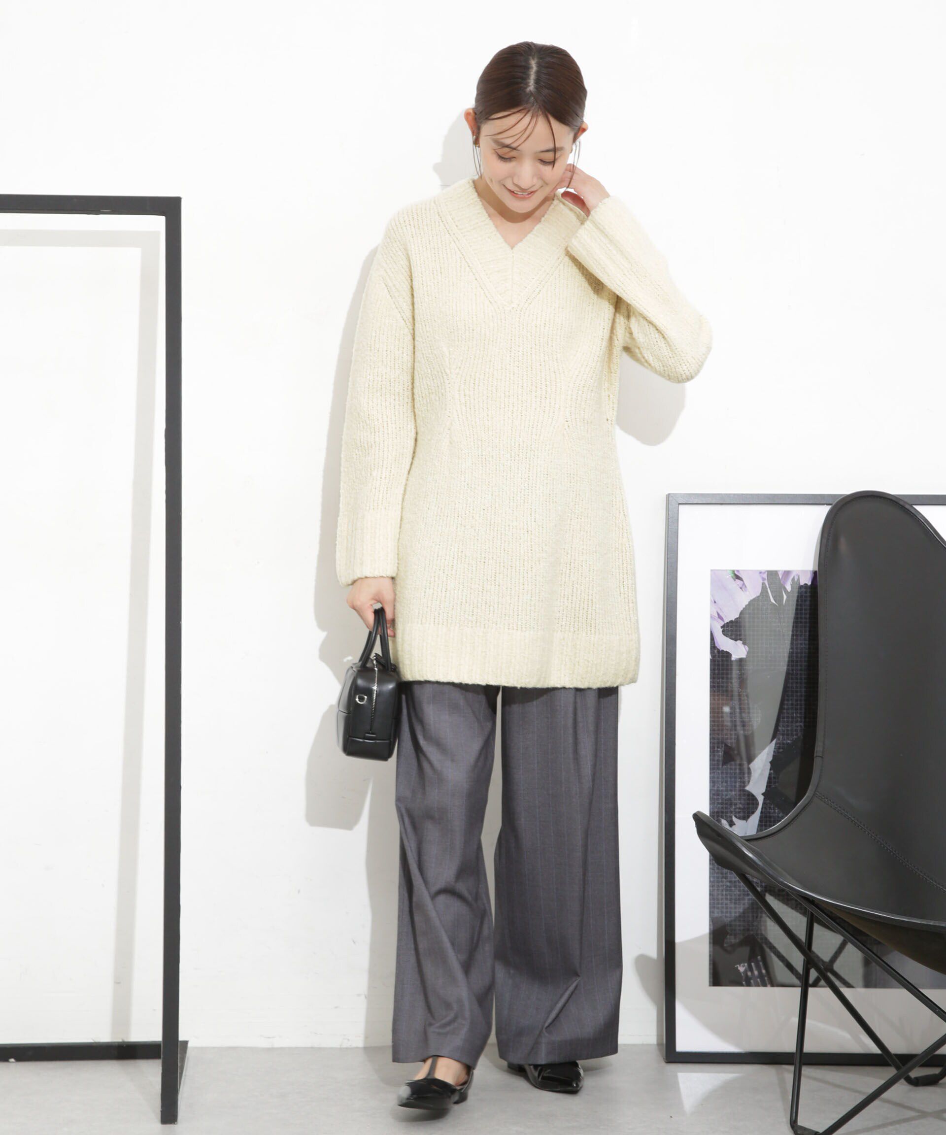 nano･universe「Vネックラメミックスロングニット」|ニット・セーター|