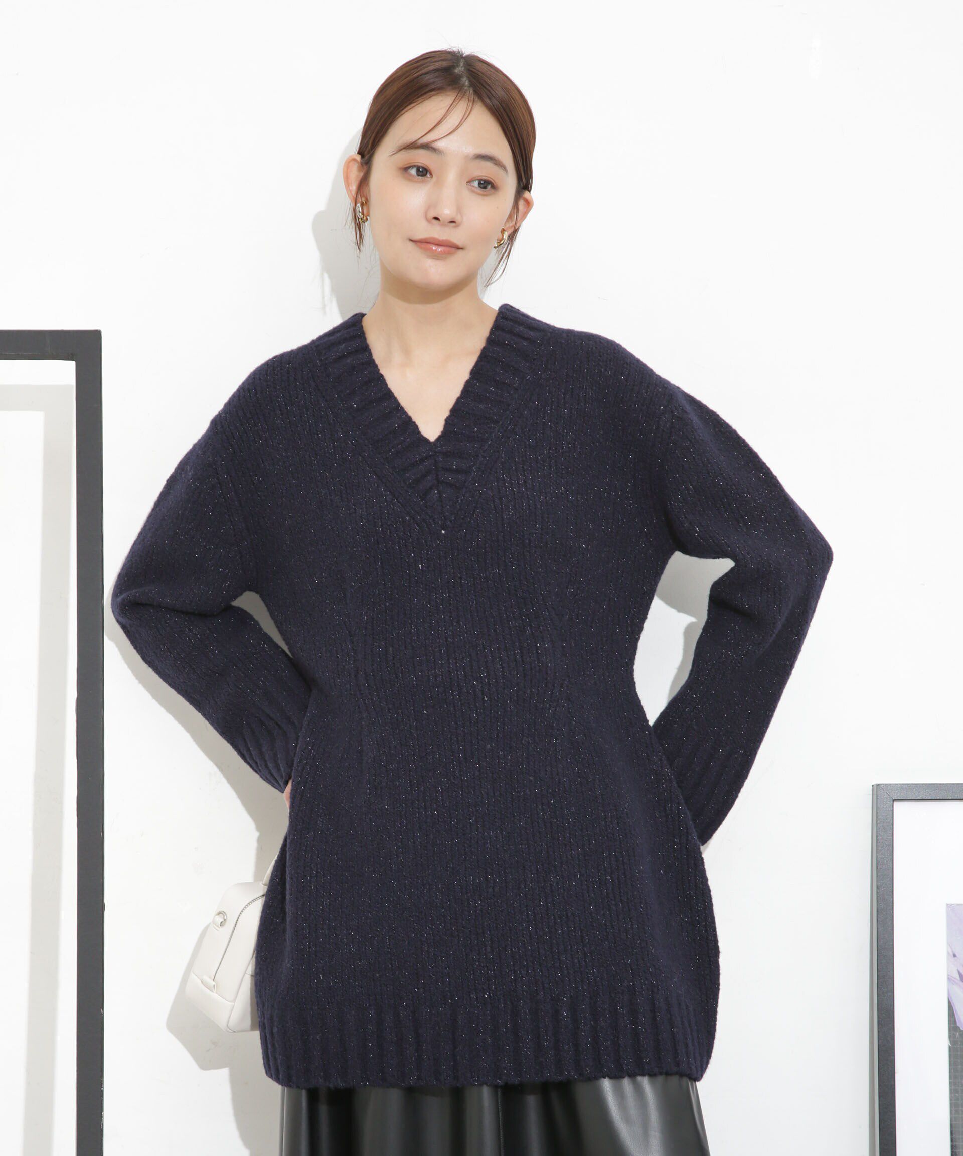 nano･universe「Vネックラメミックスロングニット」|ニット・セーター|ネイビー