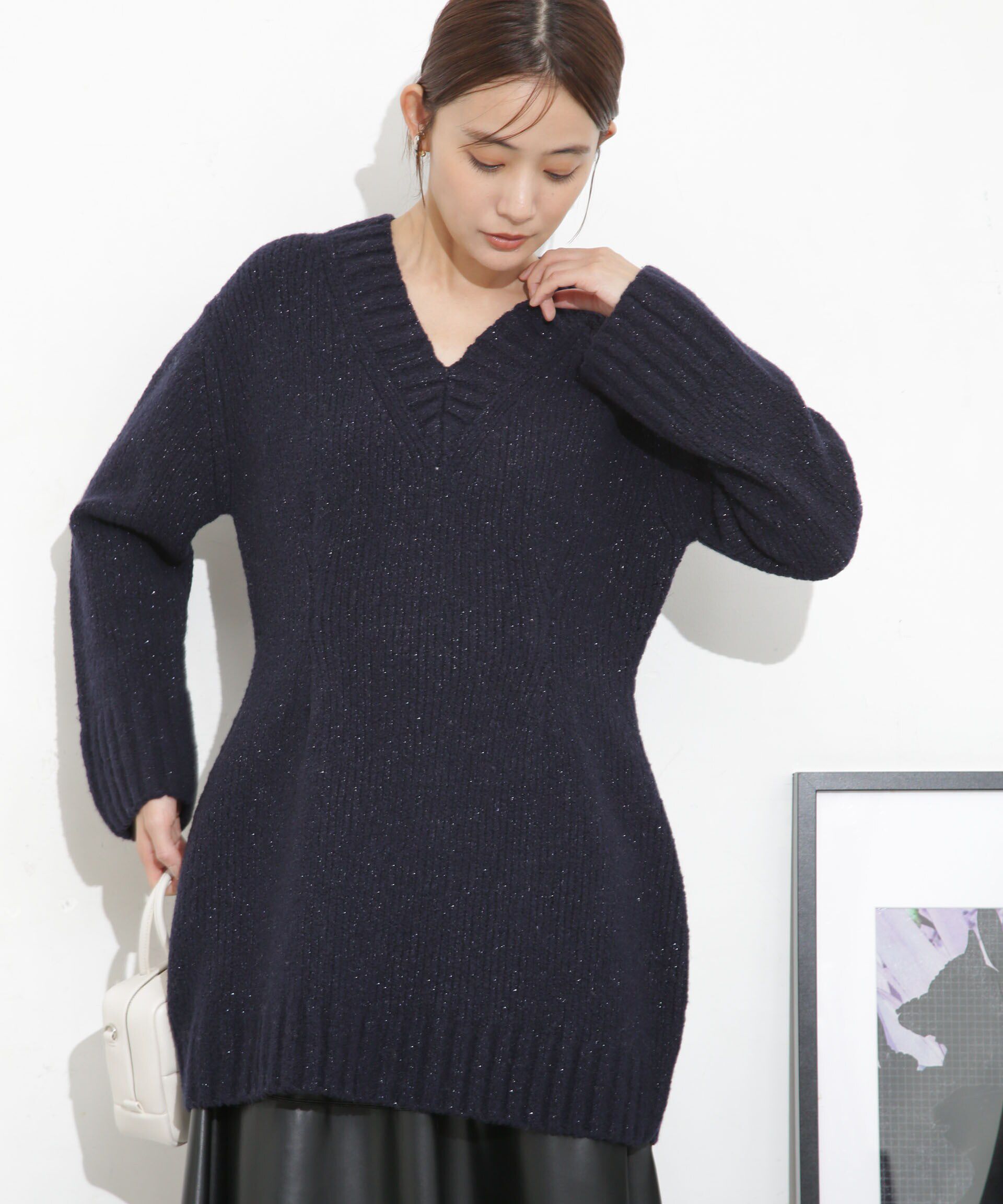 nano･universe「Vネックラメミックスロングニット」|ニット・セーター|