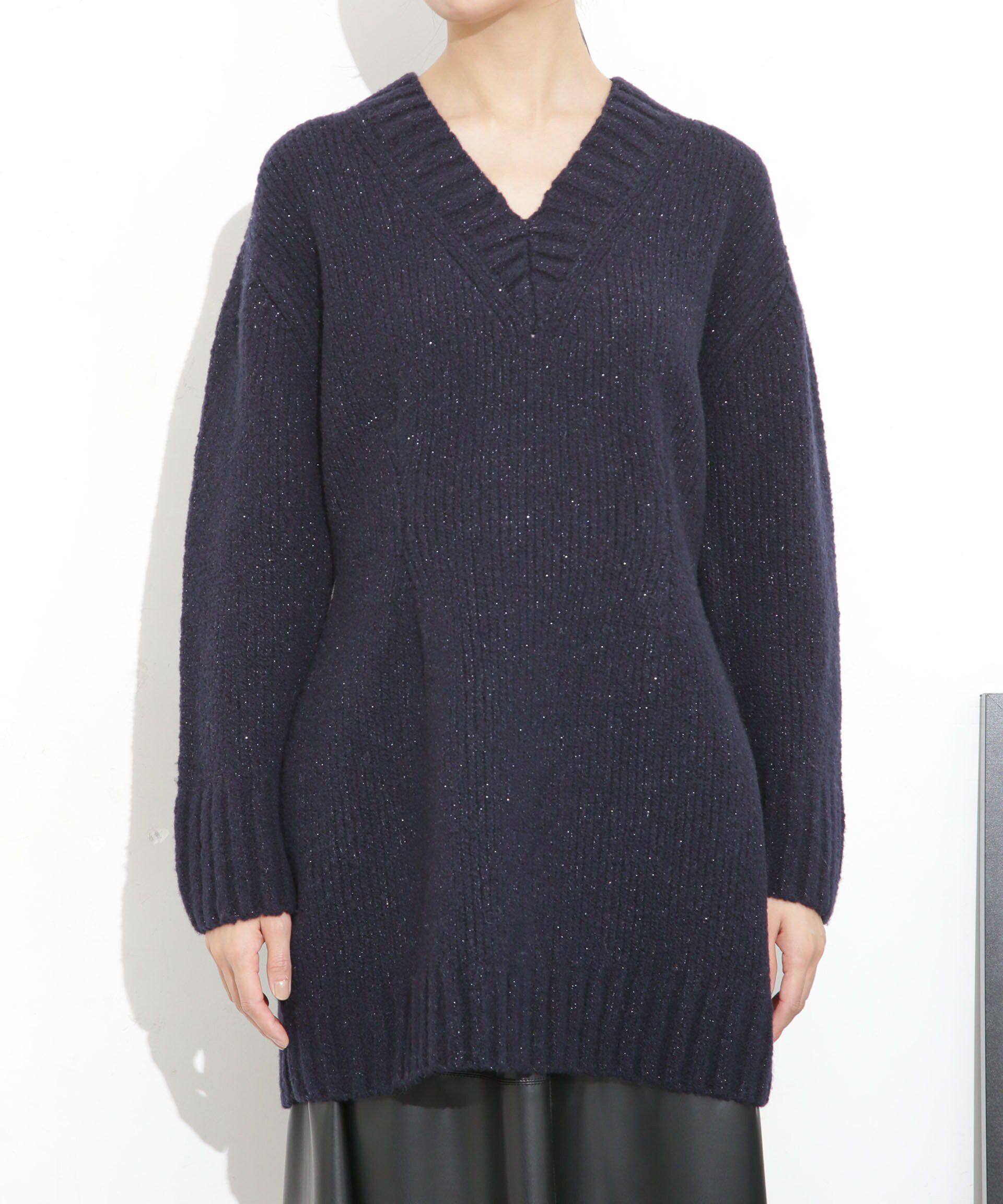 nano･universe「Vネックラメミックスロングニット」|ニット・セーター|