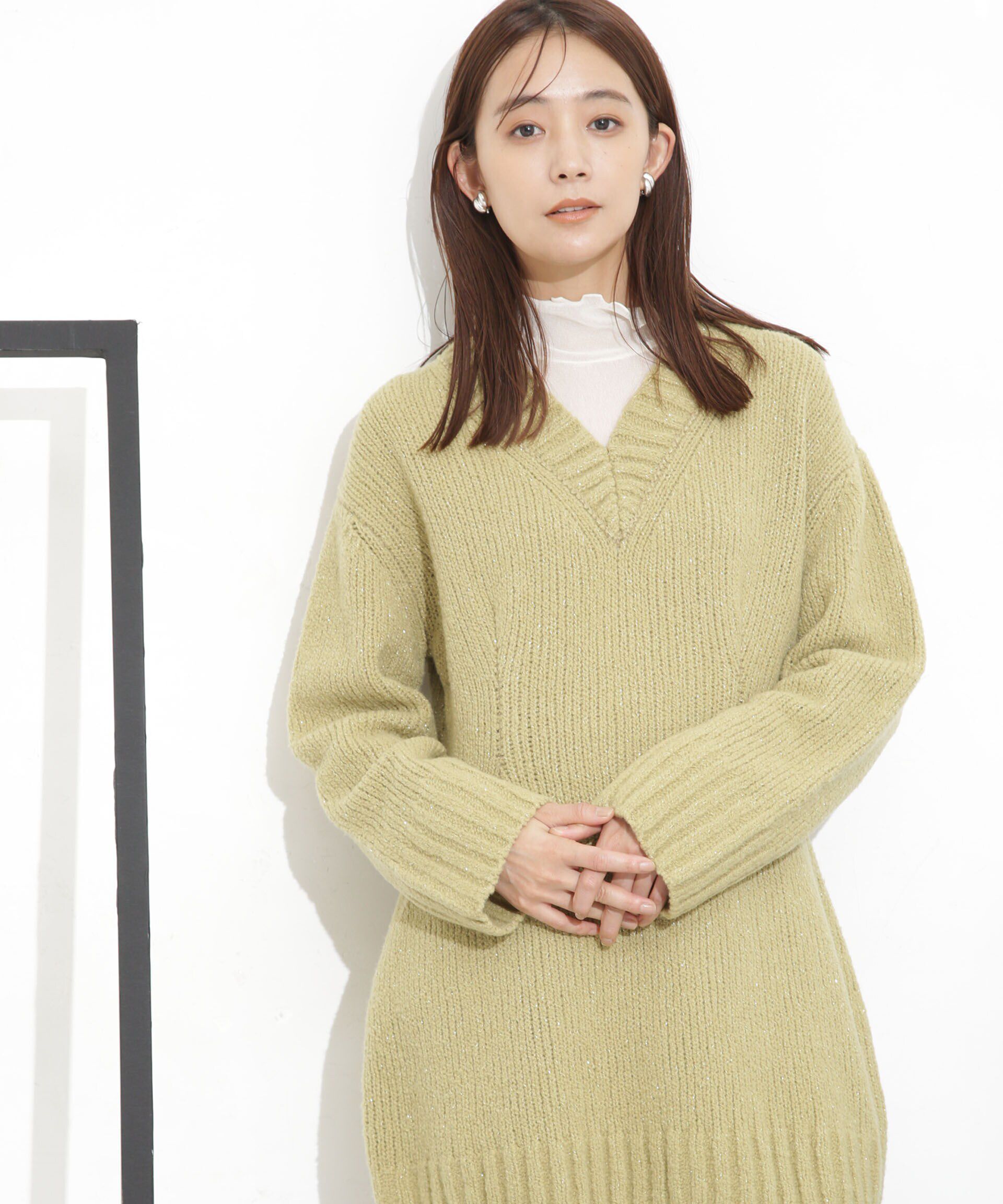 nano･universe「Vネックラメミックスロングニット」|ニット・セーター|