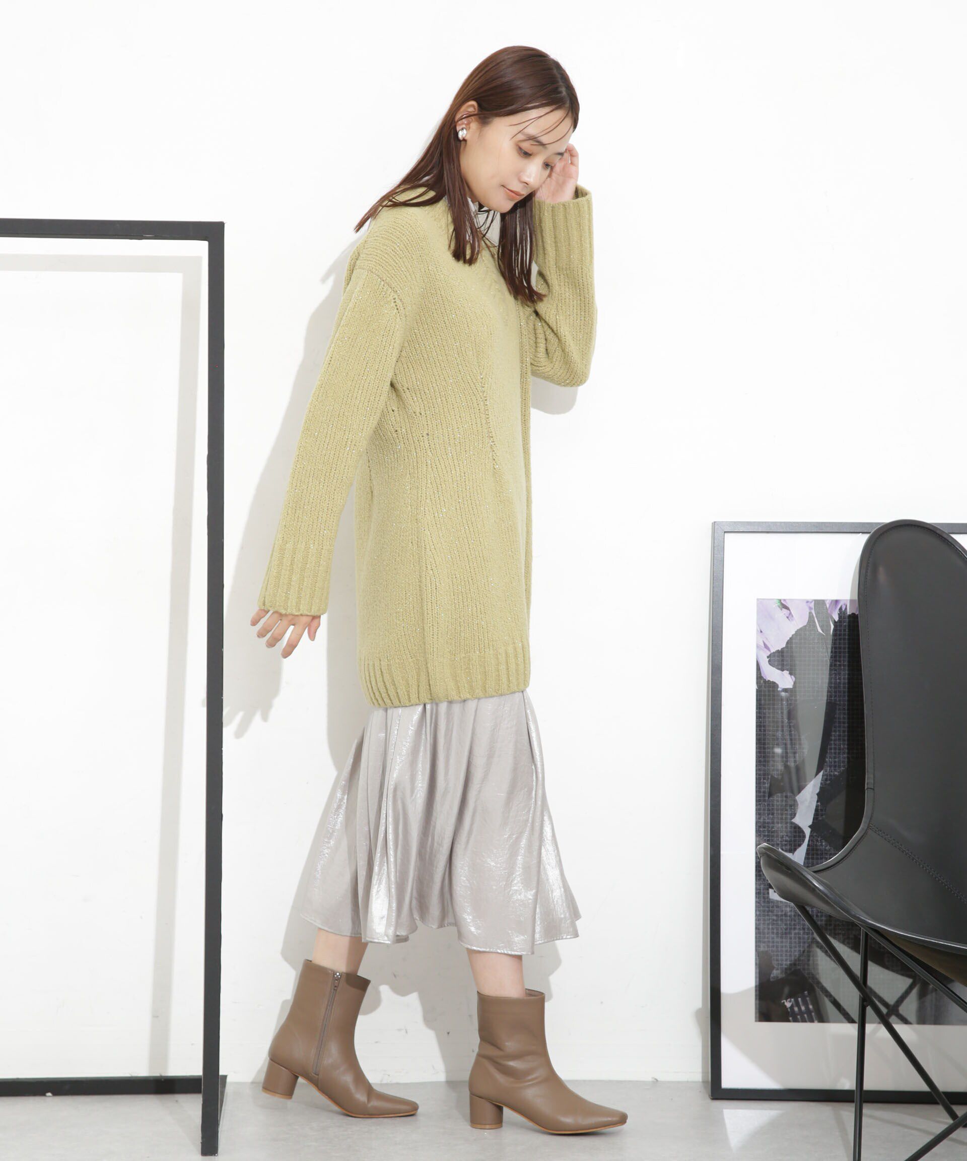 nano･universe「Vネックラメミックスロングニット」|ニット・セーター|