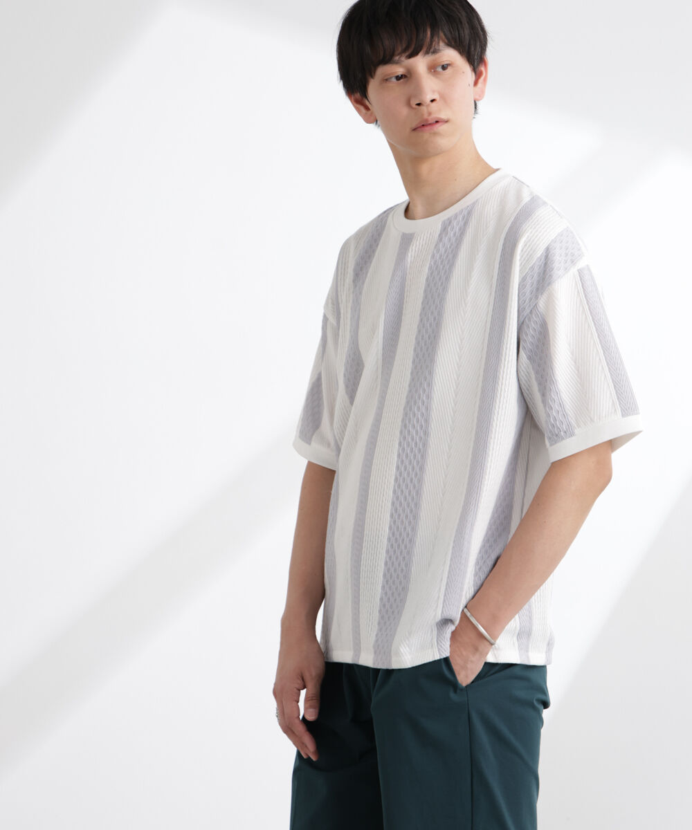 nano･universe「ストライプジャガードTシャツ 半袖」|Tシャツ・カットソー|ホワイト