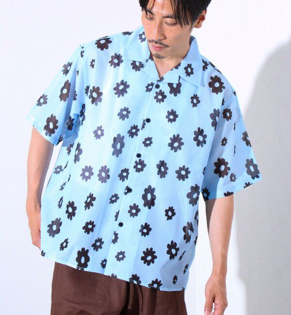 GLOSTER「【GLOSTER/グロスター】フラワーメッシュシャツ ショートスリーブ オープンカラー 開襟シャツ」|シャツ・ブラウス|ブルー系その他