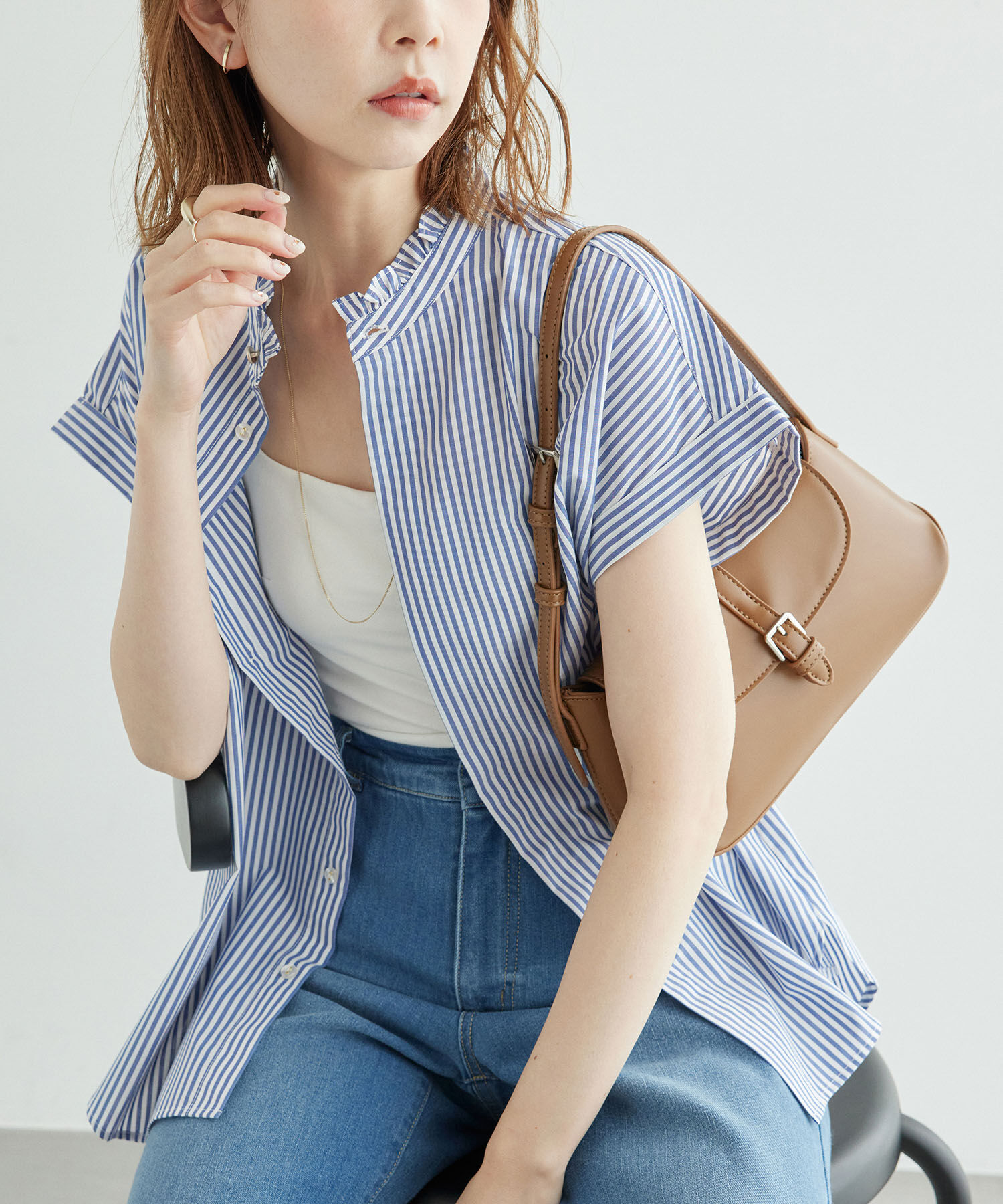 Rope&rsquo;Picnic「新色追加/フリルバンドシャツ」|シャツ・ブラウス|ブルー(44)