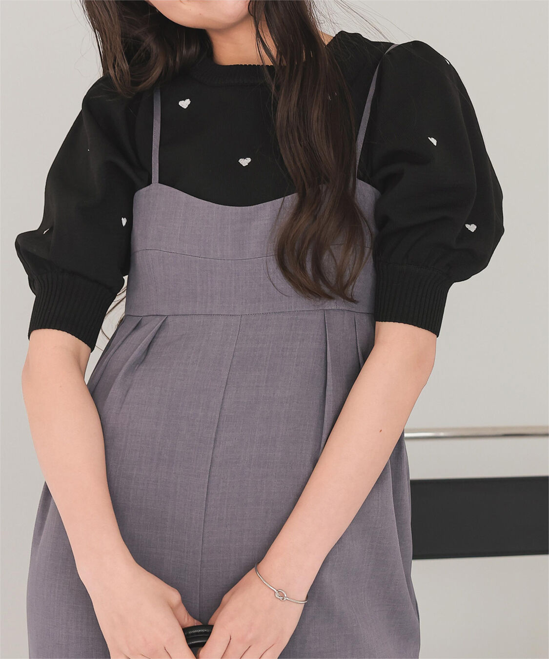 titivate「ハート柄ボリュームスリーブプルオーバー」|Tシャツ・カットソー|ブラック/アイボリー