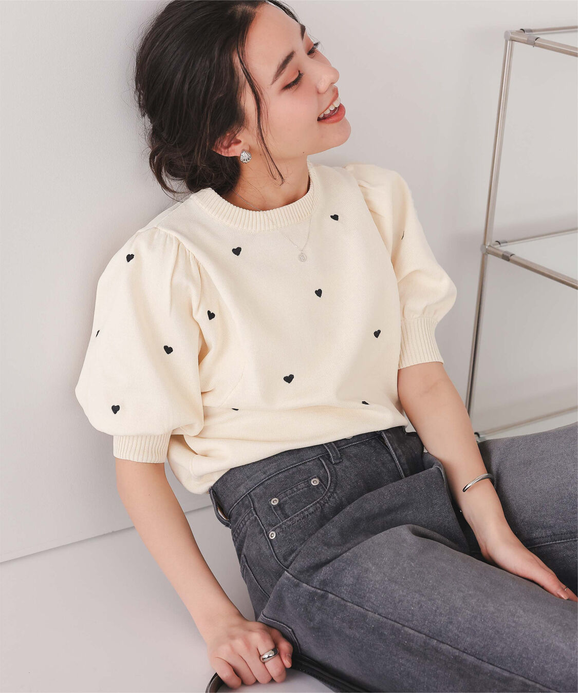 titivate「ハート柄ボリュームスリーブプルオーバー」|Tシャツ・カットソー|アイボリー/ブラック