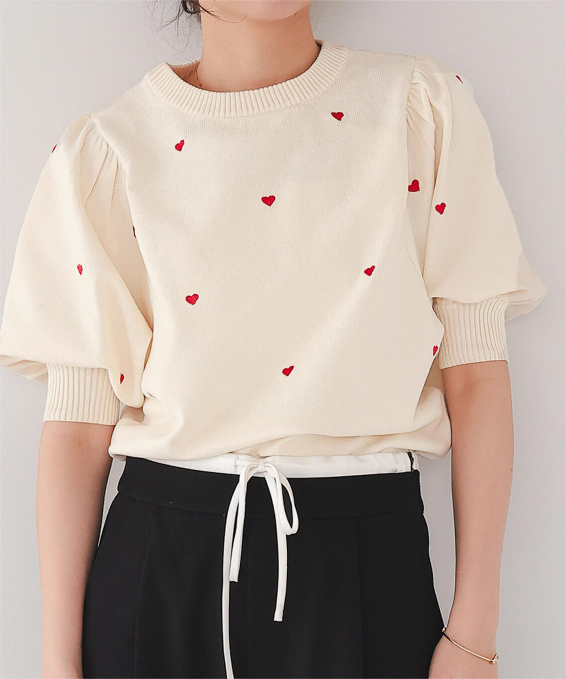titivate「ハート柄ボリュームスリーブプルオーバー」|Tシャツ・カットソー|アイボリー/レッド