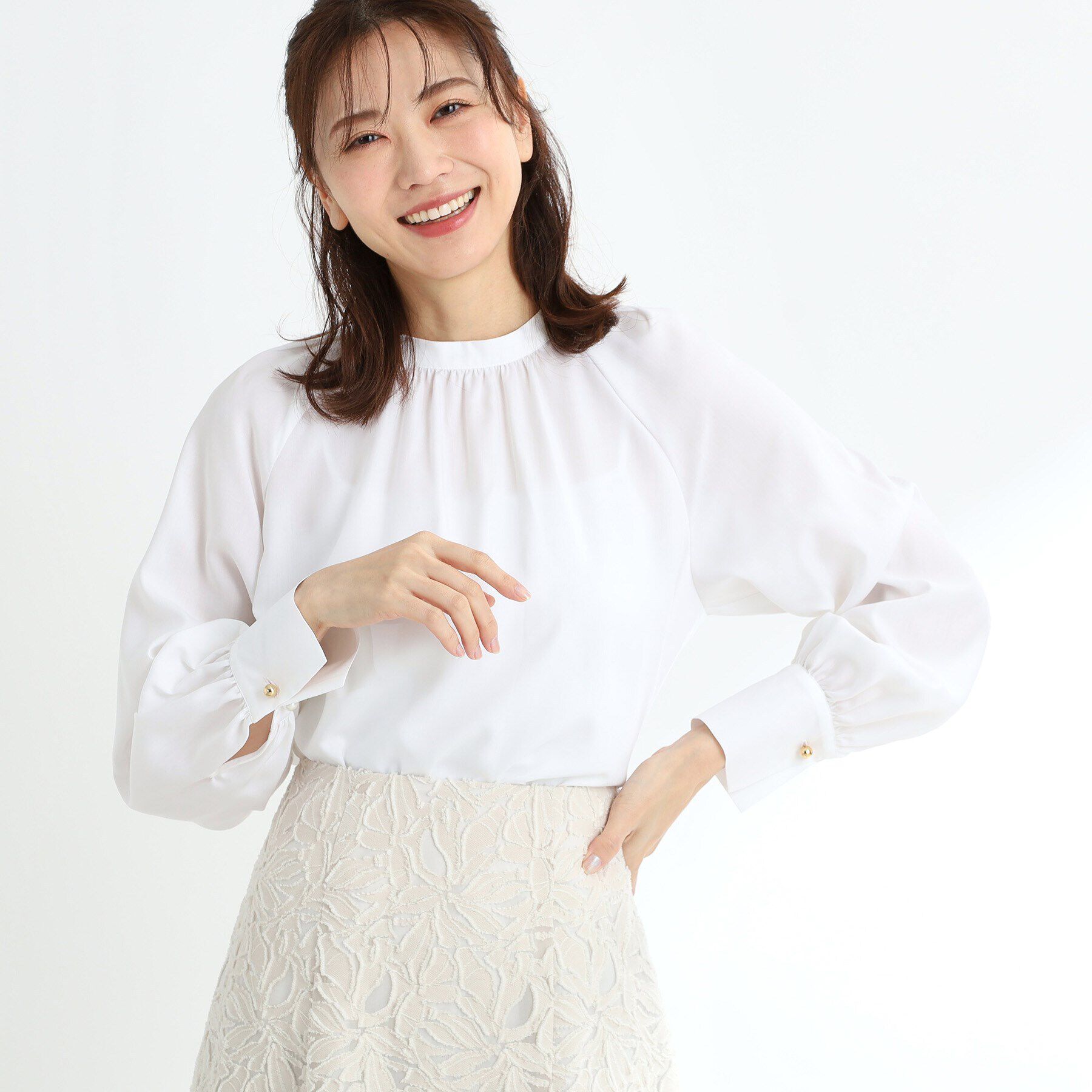 Reflect「【接触冷感／洗える】スタンドネックシャツブラウス」|シャツ・ブラウス|オフホワイト(003