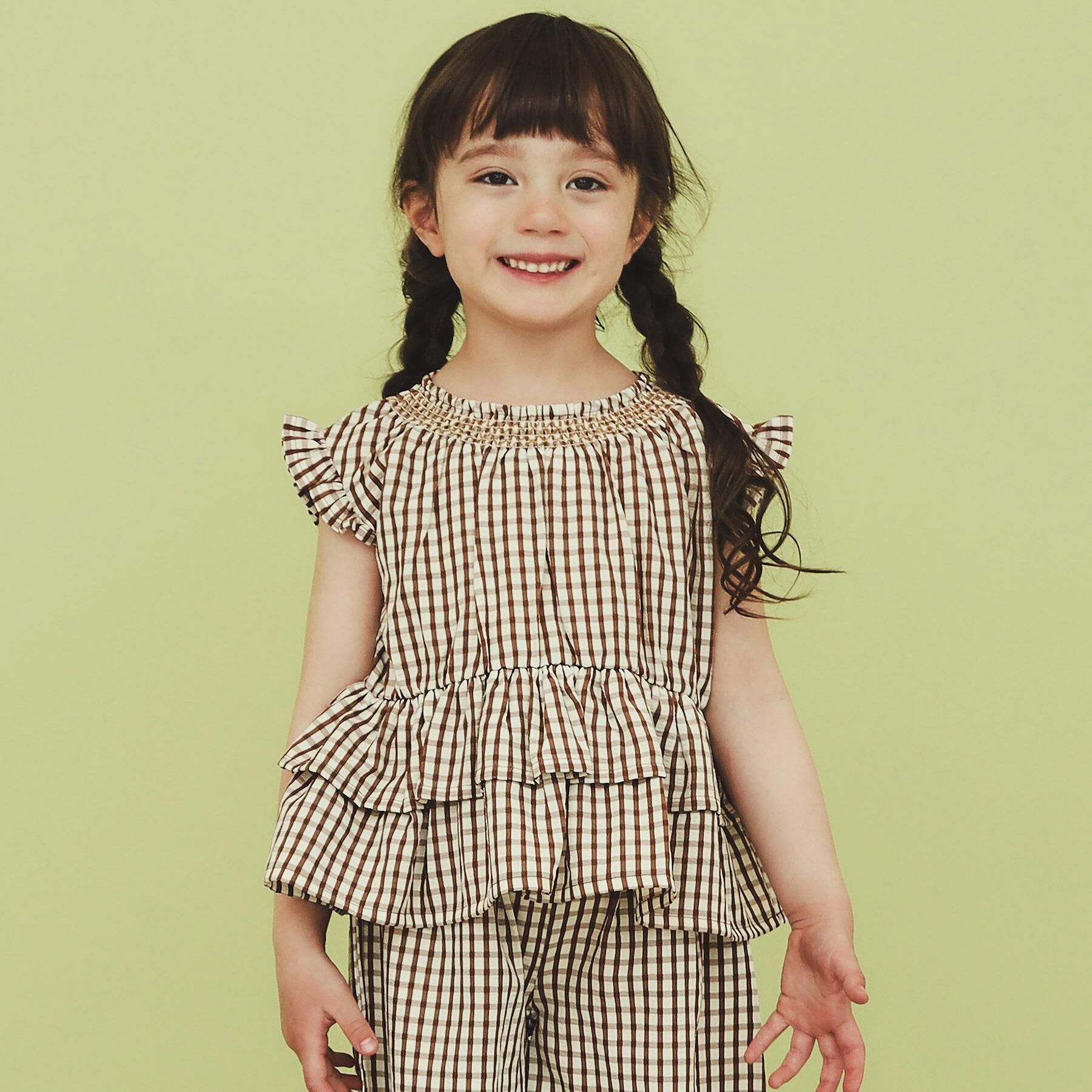 THE SHOP TK「【110-150】ギンガムチェックティアードブラウス/セットアップ可・洗濯機OK」|シャツ・ブラウス|キャメルブラウン(2