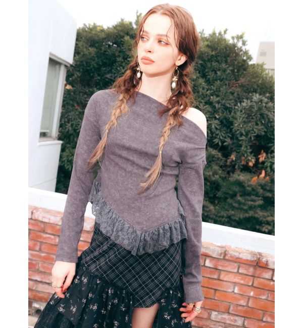 EVRIS「レースドッキングアシンメトリートップス」|Tシャツ・カットソー|ブラック