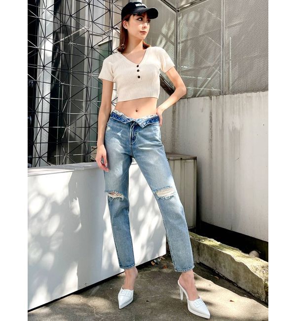 GYDA「H/W GYDA SLEEK KNEEダメージデザインデニムパンツ」|デニム|