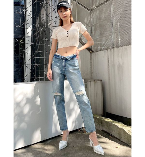 GYDA「H/W GYDA SLEEK KNEEダメージデザインデニムパンツ」|デニム|