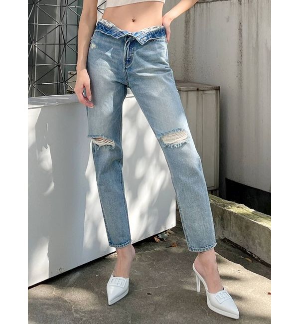 GYDA「H/W GYDA SLEEK KNEEダメージデザインデニムパンツ」|デニム|アイスブルー