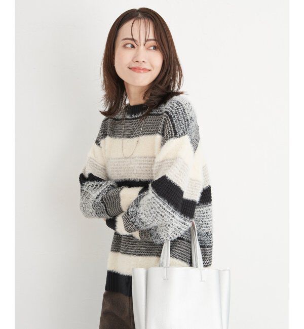 ikka「フェザー切り替えボーダーニットプルオーバー」|プルオーバー|ブラック